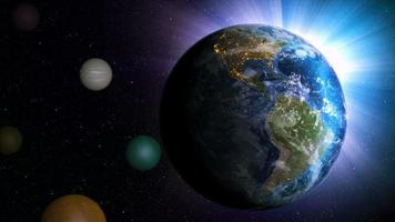 Rendu 3d globe tournant et orbite dans l'univers avec effet d'éclairage et source d'image de carte du monde traitée par grain sombre de la nasa