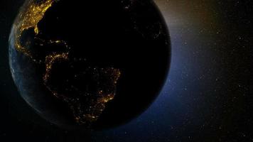 3D Rendering globe spinning and orbit in the universe with lighting effect and dark grain processed world map image source from NASA video