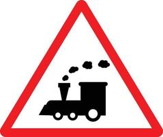 señal de advertencia de tren sobre fondo blanco. Señal de carretera de paso a nivel de tren ferroviario. símbolo ferroviario. estilo plano vector