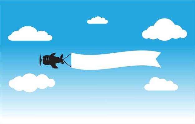 Plane with horizontal banners on blue sky background. Flying advertising banner. Flying advertising banner. flat style.