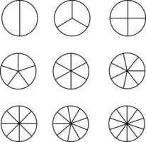 segmentos circulares establecidos sobre fondo blanco. varios números de sectores dividen el círculo en partes iguales. signo matemático de fracción. vector