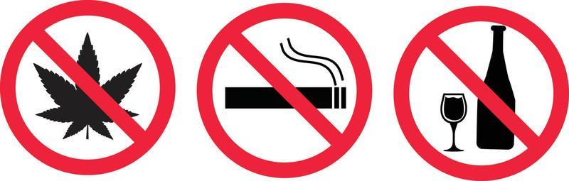 Set of prohibiting signs on white background. do not smoke, no alcohol, no drugs symbol. prohibition of alcoholic beverages sign. No Hemp logo. flat style.
