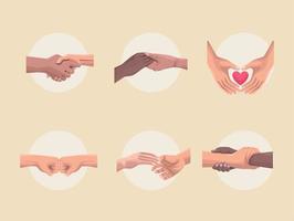 six solidarity hands icons vector