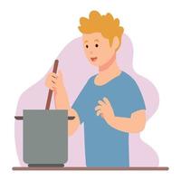 blond man cooking with pot vector