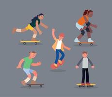 cinco personajes deportivos de skaters vector