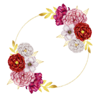 rosa und rotes blumenkranzaquarell mit goldrahmen png