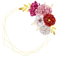Pink and Red flower wreath watercolor with gold frame png