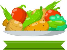 Cartoon flat illustration. Fresh natural village products. Tomato and pepper, onion with cucumber, broccoli, carrot vector