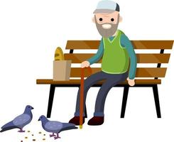 Grandfather sit on bench. Old man with cane. Rest and lifestyle of funny senior. Element of Park. Concept of old age. vector