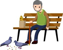 Grandfather sit on bench. Old man with cane. Rest and lifestyle of funny senior. Element of Park. Concept of old age. vector