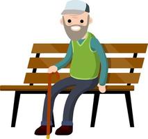 Grandfather sit on bench. Old man with cane. Rest and lifestyle of funny senior. Element of Park. Concept of old age. vector