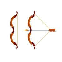 Bow and arrow. Taut bowstring. Fantastic weapons. Shooting and hunting element. Set of objects. Flat cartoon illustration vector