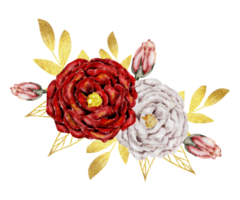 Red flower bouquet watercolor with gold leaf png