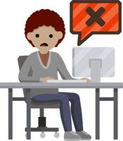 mensaje de error en la computadora. una mujer sorprendida se sienta a la mesa con un monitor. hackear el sistema de datos. ilustración plana de dibujos animados. trabajo de oficina y freelance. virus y error. problema con el programa vector