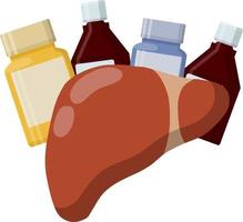 Liver and packaging of medications. Treatment of Internal organ of person. Cartoon flat illustration. Prevention of cirrhosis and hepatitis. Bottle with pills and drug. Health and pharmacy vector