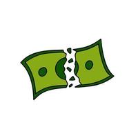 Torn bill. Green Ripped dollar. Economic crisis and inflation. Cartoon Ragged money vector