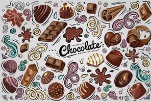 Seamless pattern with chocolates, chunks of chocolate, candies in colored wrappers on blue background. illustration of a dessert in a flat cartoon style. vector