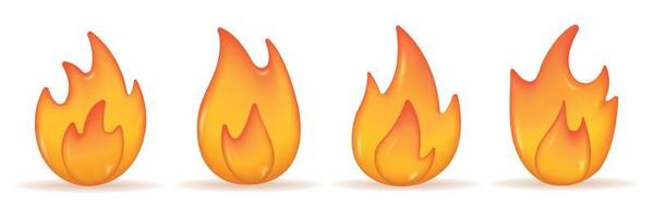 Fire 3d icon set isolated on white background. Different flame shapes. Vector realistic fireball illustration