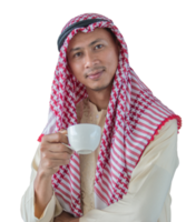 Arab man showing a cup in a coffee shop. png
