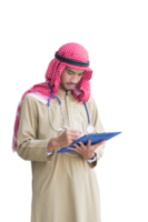 médico árabe revisando un documento.
