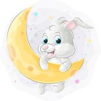 Cute doodle bunny on the moon with watercolor illustration vector