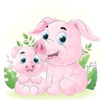 Cute doodle Pig with watercolor illustration vector