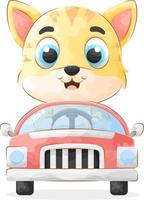 Cute doodle cat driving a car with watercolor illustration vector