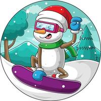 vector cartoon snowman skiing on a winter background