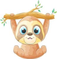 cute doodle sloth swinging on a tree branch with watercolor illustration vector