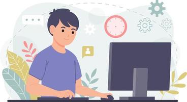 el trabajador joven usa computadora e Internet durante el trabajo en casa, red de comunicación en estilo de personaje de dibujos animados, diseño de ilustración plana vector