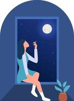 retrato de una mujer disfrutando de la noche en la ventana vector