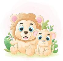 Cute doodle Lion with watercolor illustration vector