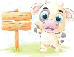 Cute Cow with Wood Sign Board , watercolor illustration vector