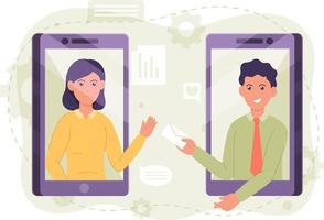 Illustration of Two Happy People Talking via Video Call vector