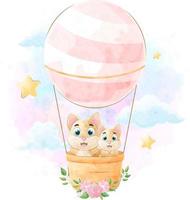 Cute doodle Dog riding a hot air balloon with watercolor illustration vector