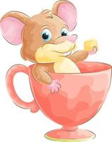 Cute doodle mouse relaxing in a glass with watercolor illustration vector