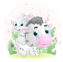 Cute doodle Zebra and rabbit with watercolor illustration vector