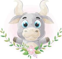 Cute doodle bull with watercolor illustration vector