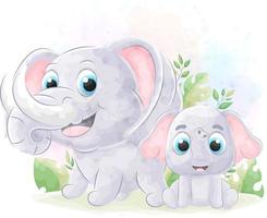 Cute doodle Elephant with watercolor illustration vector