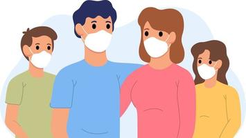 illustration of a family wearing a mask vector