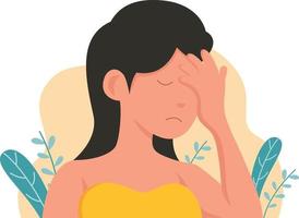 illustration of a woman holding her forehead because she is dizzy vector