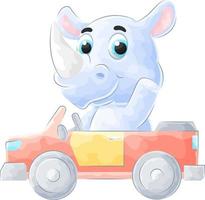 Cute doodle rhino driving a car with watercolor illustration vector