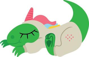 Dinosaur sleeps in cute costume of magical unicorn. Image is isolated on white background. Vector illustration for use as design element