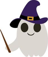 Cute smiling ghost with witch hat on head and magic wand. Design element for shaping websites of clothing accessories postcards. Vector illustration isolated on white background