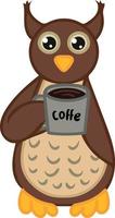 Funny owl with cup of coffee on white background. Vector illustration for use in the design of websites banners clothing posters