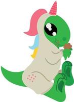 Adorable dinosaur dressed in costume of unicorn eats cupcake. Vector illustration isolated on white background. Design element for postcards decoration of clothing websites