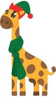 Adorable giraffe in elven cap and green scarf. Image isolated on white background and can be used as design element in holiday postcards menu posters. Vector illustration