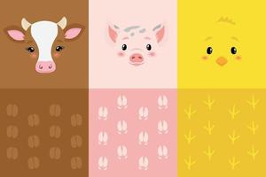 Cute simple farm animal portraits with paw prints - cow, pig, chicken. Great for designing baby clothes. Vector