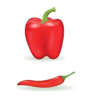 Paprika and chili pepper. Red realistic pepper set isolated on white background. Vegetable, healthy fresh food. Vector 3d