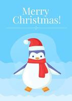 Funny merry christmas greeting card with Penguin in cartoon style. vector